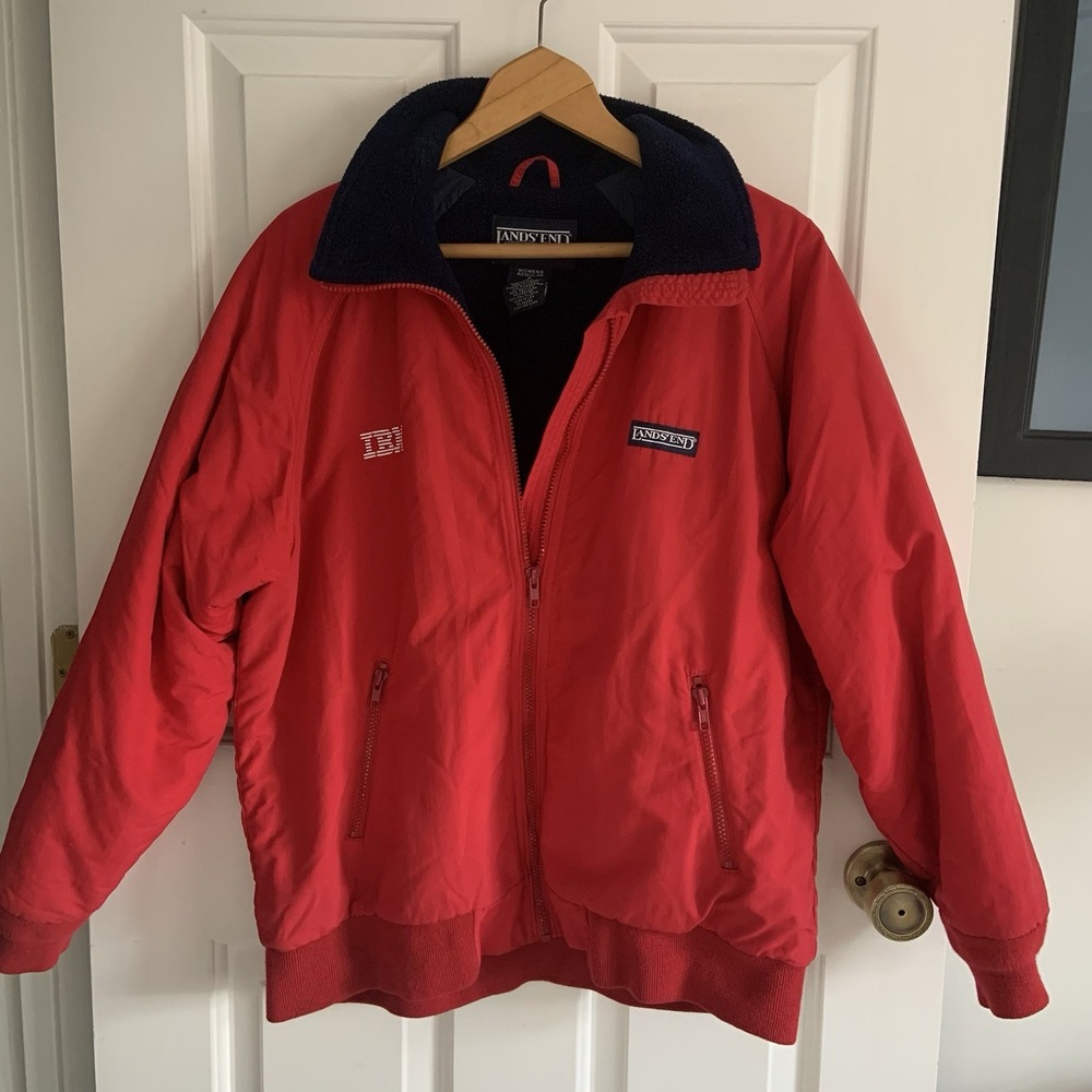 Lands End Squall Jacket Womens sz M Red with Black Fleece Lining embroidered IBM